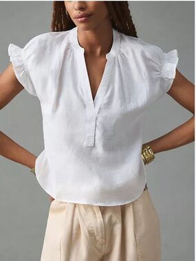 Anthropologie x PILCRO Tatum Flutter Sleeve Blouse in White Linen. EUC. LARGE